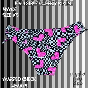 Kaligirlz Pink Black White Warped Check Hearts Side Tie Cheeky Bikini XS Punk